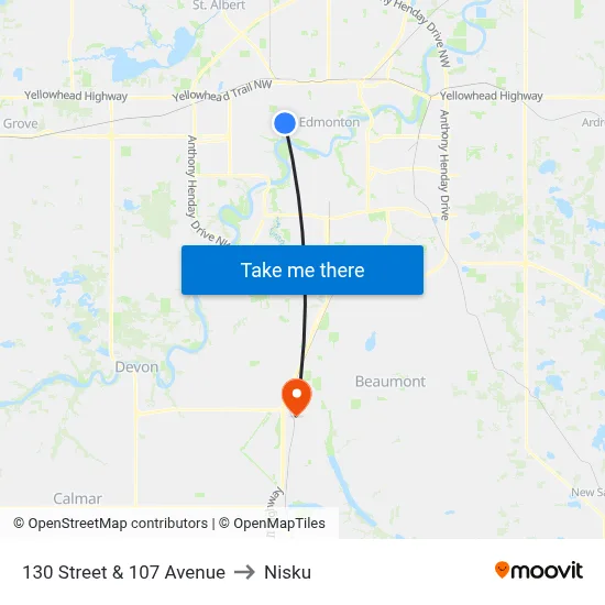 130 Street & 107 Avenue to Nisku map