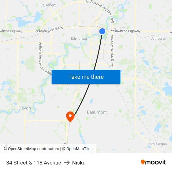34 Street & 118 Avenue to Nisku map