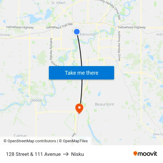 128 Street & 111 Avenue to Nisku map