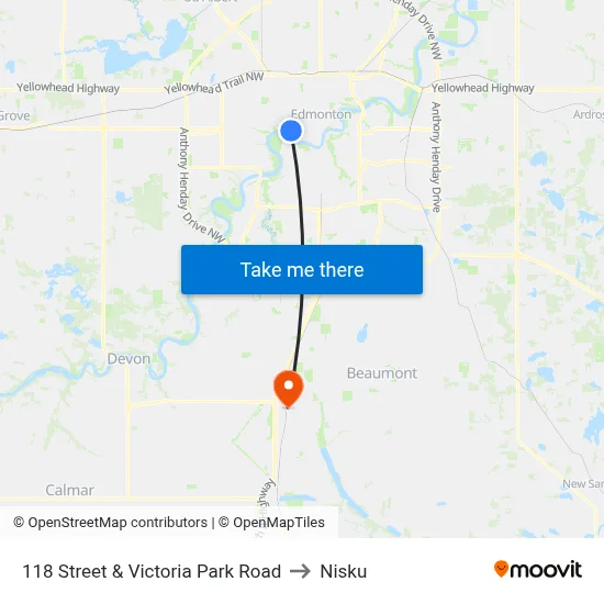 118 Street & Victoria Park Road to Nisku map