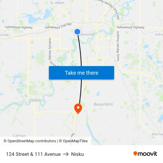 124 Street & 111 Avenue to Nisku map