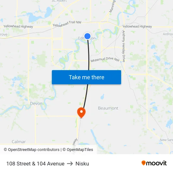 108 Street & 104 Avenue to Nisku map