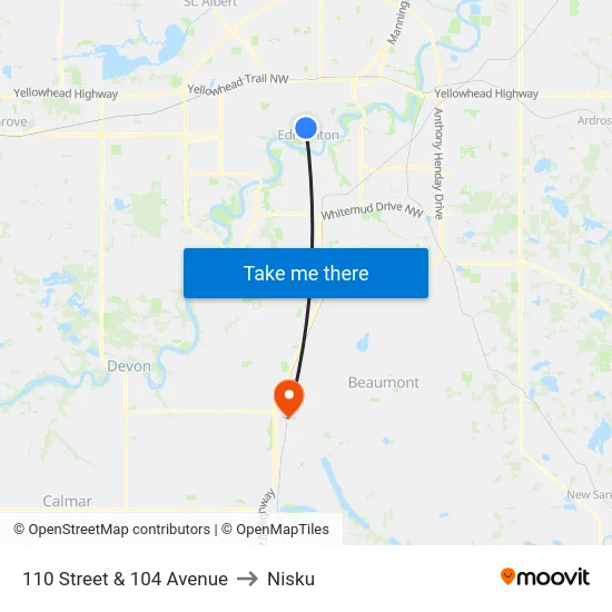 110 Street & 104 Avenue to Nisku map