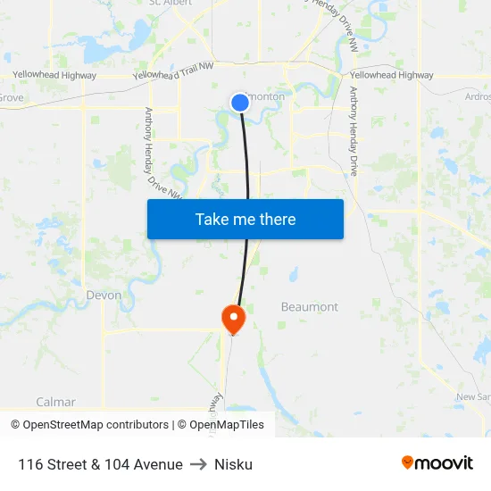 116 Street & 104 Avenue to Nisku map