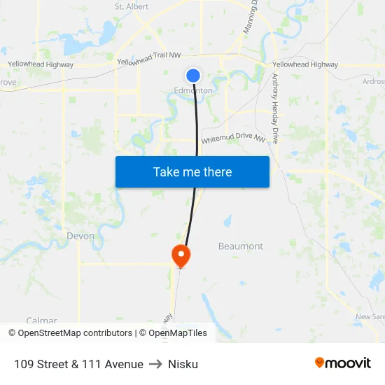 109 Street & 111 Avenue to Nisku map