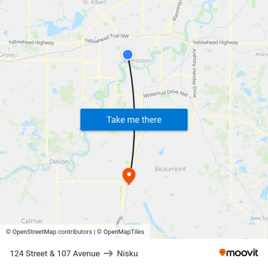 124 Street & 107 Avenue to Nisku map