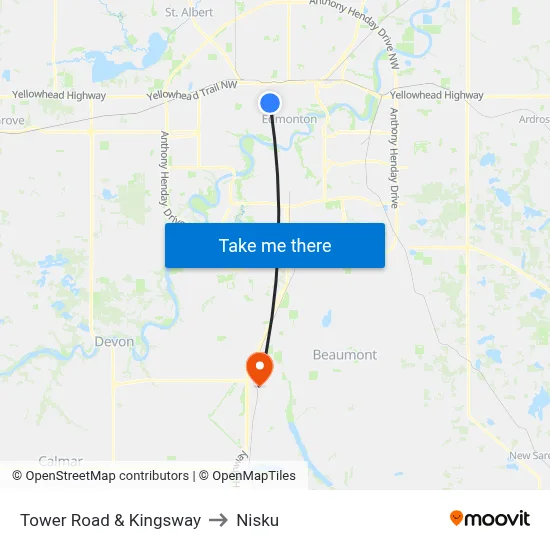 Tower Road & Kingsway to Nisku map