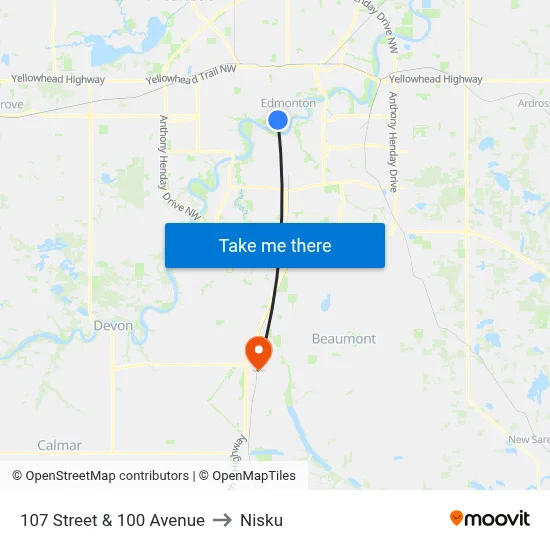 107 Street & 100 Avenue to Nisku map