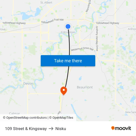 109 Street & Kingsway to Nisku map
