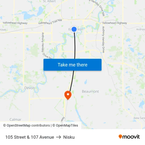 105 Street & 107 Avenue to Nisku map