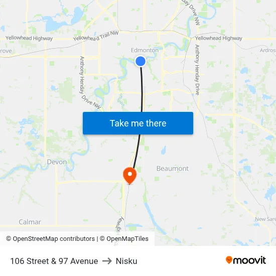 106 Street & 97 Avenue to Nisku map