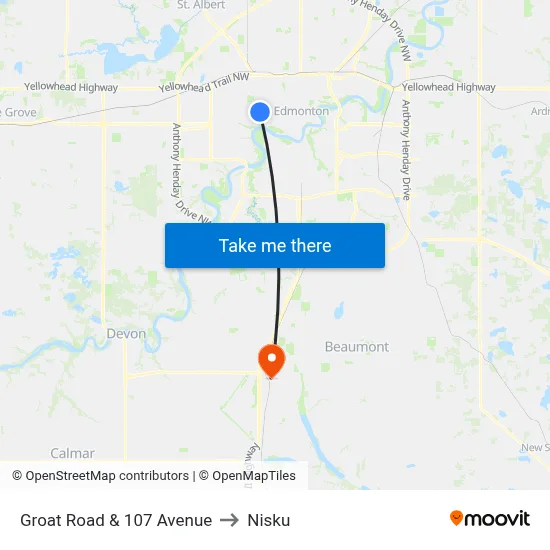 Groat Road & 107 Avenue to Nisku map