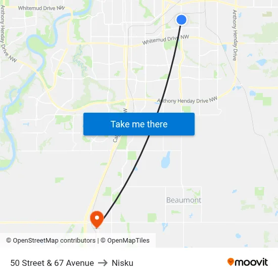 50 Street & 67 Avenue to Nisku map