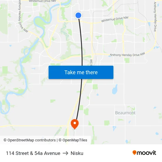 114 Street & 54a Avenue to Nisku map