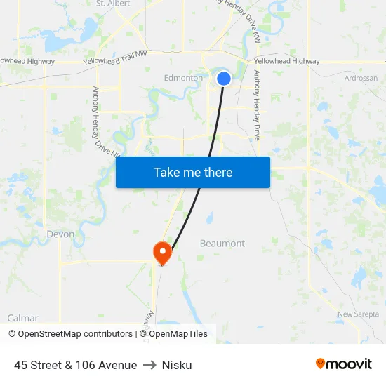 45 Street & 106 Avenue to Nisku map