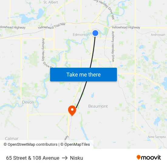 65 Street & 108 Avenue to Nisku map