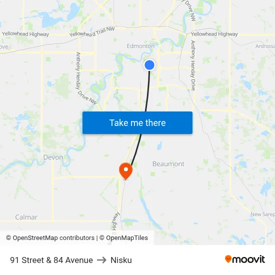 91 Street & 84 Avenue to Nisku map