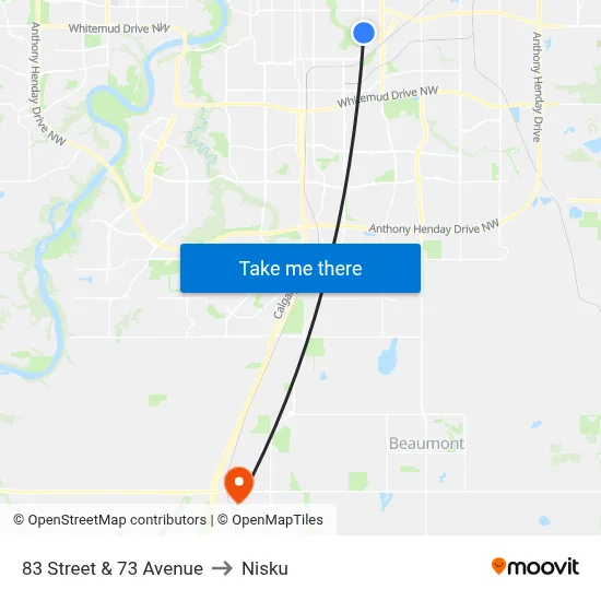 83 Street & 73 Avenue to Nisku map
