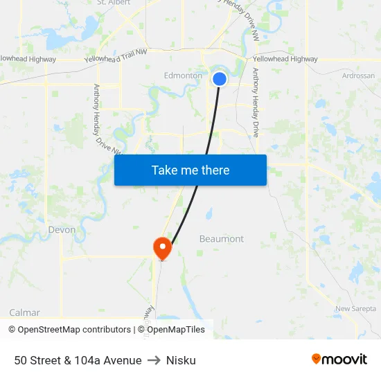 50 Street & 104a Avenue to Nisku map