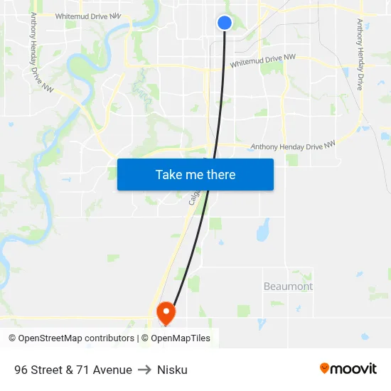 96 Street & 71 Avenue to Nisku map