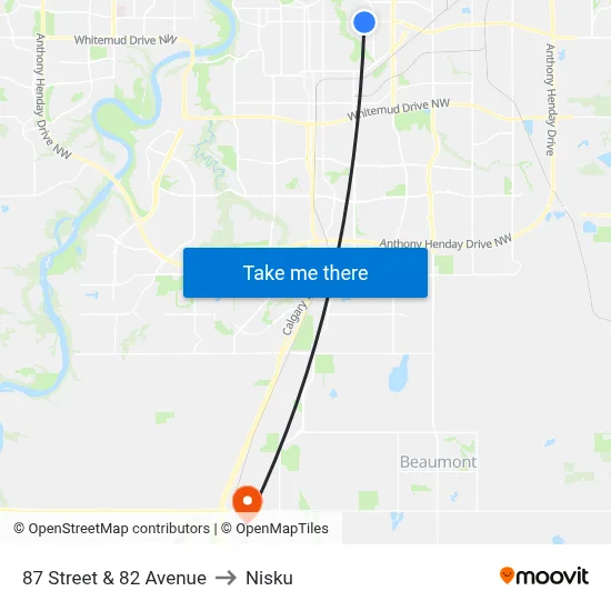 87 Street & 82 Avenue to Nisku map