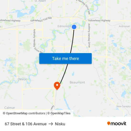 67 Street & 106 Avenue to Nisku map