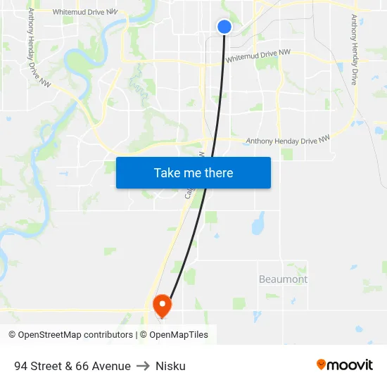 94 Street & 66 Avenue to Nisku map
