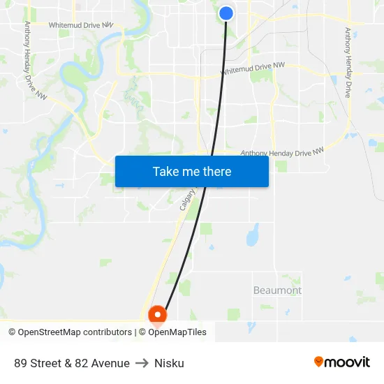 89 Street & 82 Avenue to Nisku map