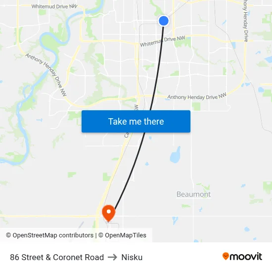 86 Street & Coronet Road to Nisku map