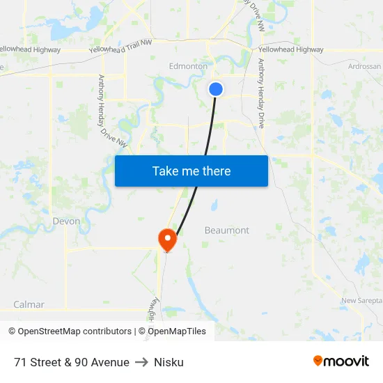 71 Street & 90 Avenue to Nisku map