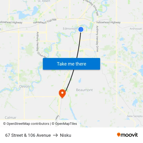 67 Street & 106 Avenue to Nisku map