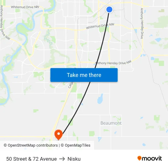 50 Street & 72 Avenue to Nisku map
