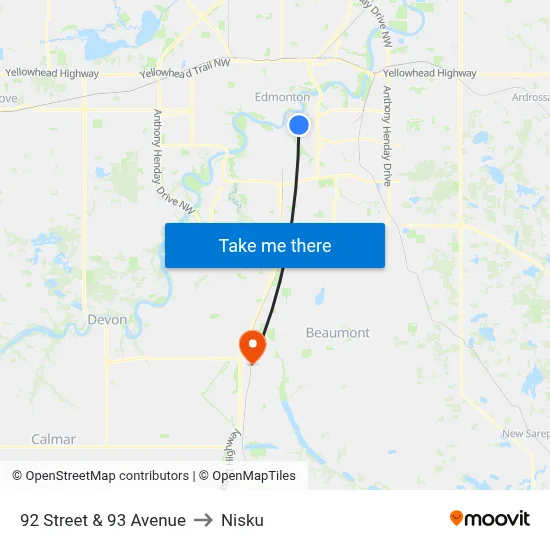 92 Street & 93 Avenue to Nisku map