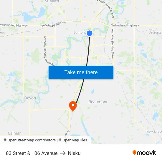 83 Street & 106 Avenue to Nisku map