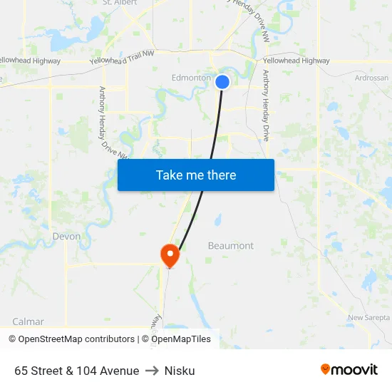 65 Street & 104 Avenue to Nisku map