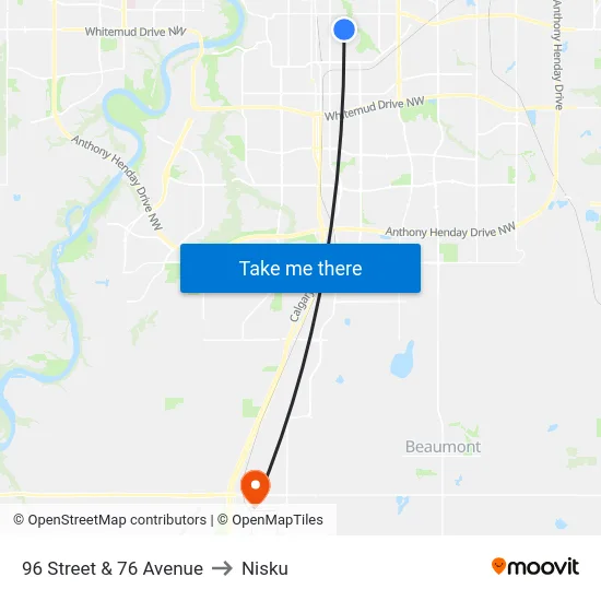 96 Street & 76 Avenue to Nisku map