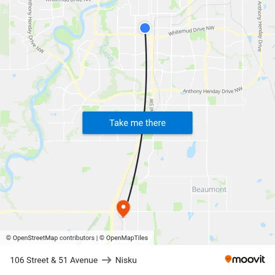106 Street & 51 Avenue to Nisku map