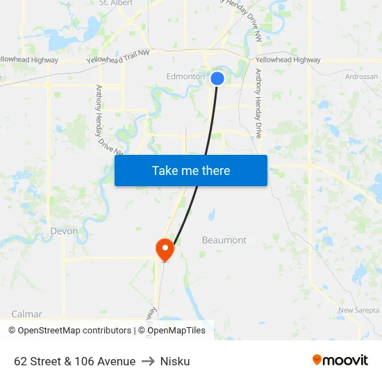 62 Street & 106 Avenue to Nisku map