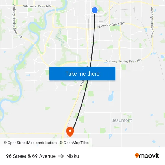 96 Street & 69 Avenue to Nisku map