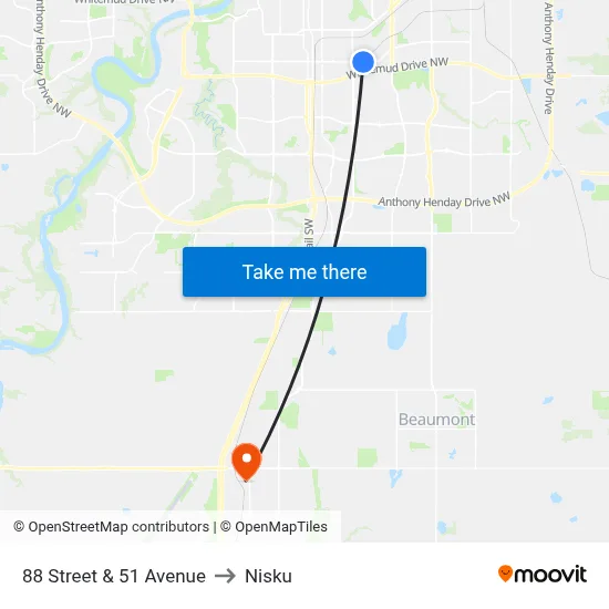 88 Street & 51 Avenue to Nisku map