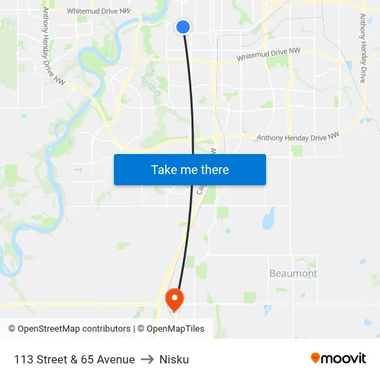 113 Street & 65 Avenue to Nisku map