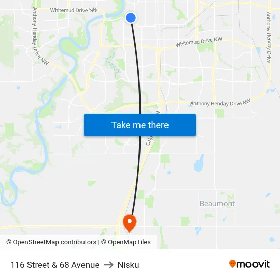 116 Street & 68 Avenue to Nisku map