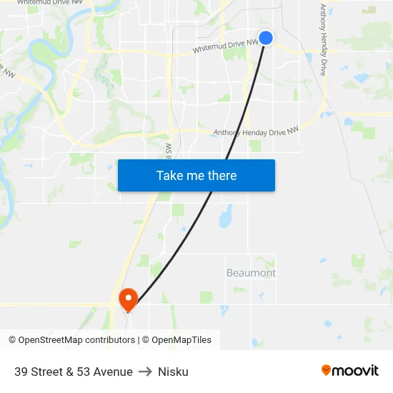 39 Street & 53 Avenue to Nisku map