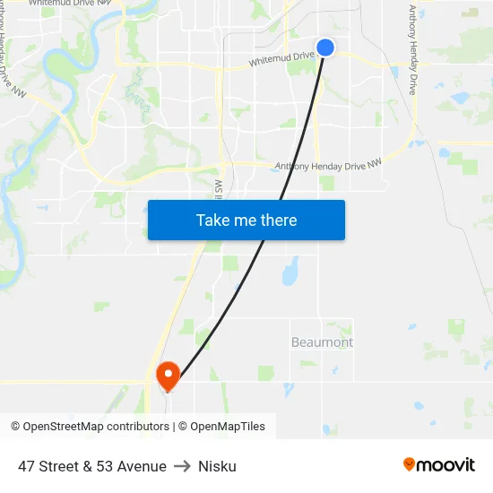 47 Street & 53 Avenue to Nisku map