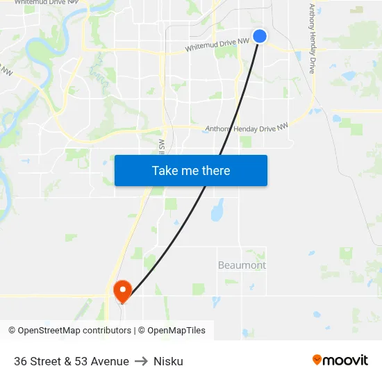 36 Street & 53 Avenue to Nisku map