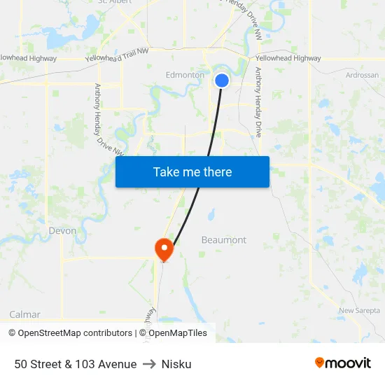 50 Street & 103 Avenue to Nisku map