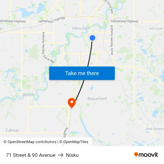71 Street & 90 Avenue to Nisku map