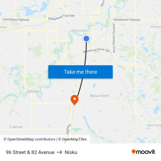 96 Street & 82 Avenue to Nisku map