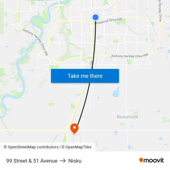 99 Street & 51 Avenue to Nisku map