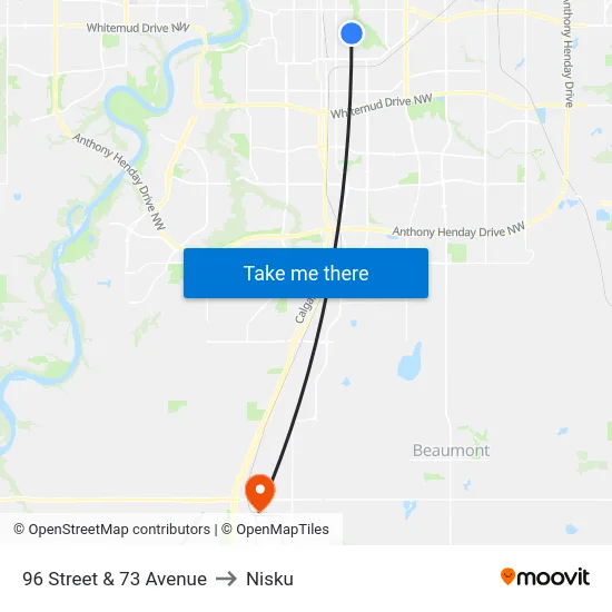 96 Street & 73 Avenue to Nisku map